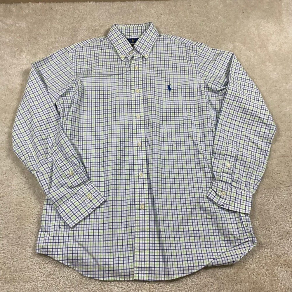 Polo Ralph Lauren Shirt Mens M Classic Fit Cotton Stretch Plaid Blue Green M